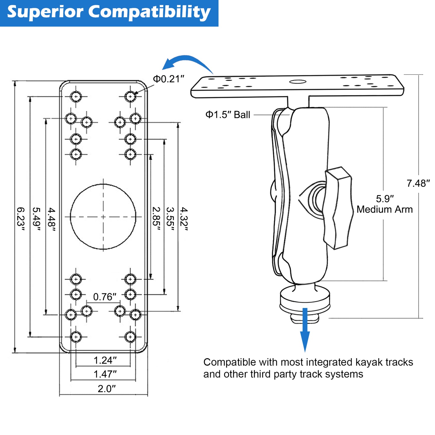 Support de sondeur en aluminium WINDFRD avec base à rotule en T de 1,5", support électronique/de sondeur marin pour rail de kayak/bateau, compatible avec Garmin, Lowrance, Humminbird et autres.
