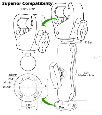 Support stabilisateur de moteur de pêche à la traîne WINDFRD tout en aluminium, support renforcé avec boule de 1,5" pour rails de 1,09" à 2,09", réglable à 360°, compatible avec les moteurs de pêche à la traîne Minn Kota, Rhodan et autres bateaux