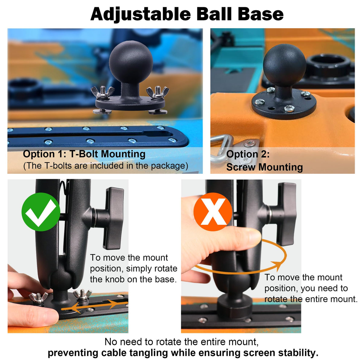 1.5 Inch AMPS Track Ball Mount Base with T-Bolt for Kayak