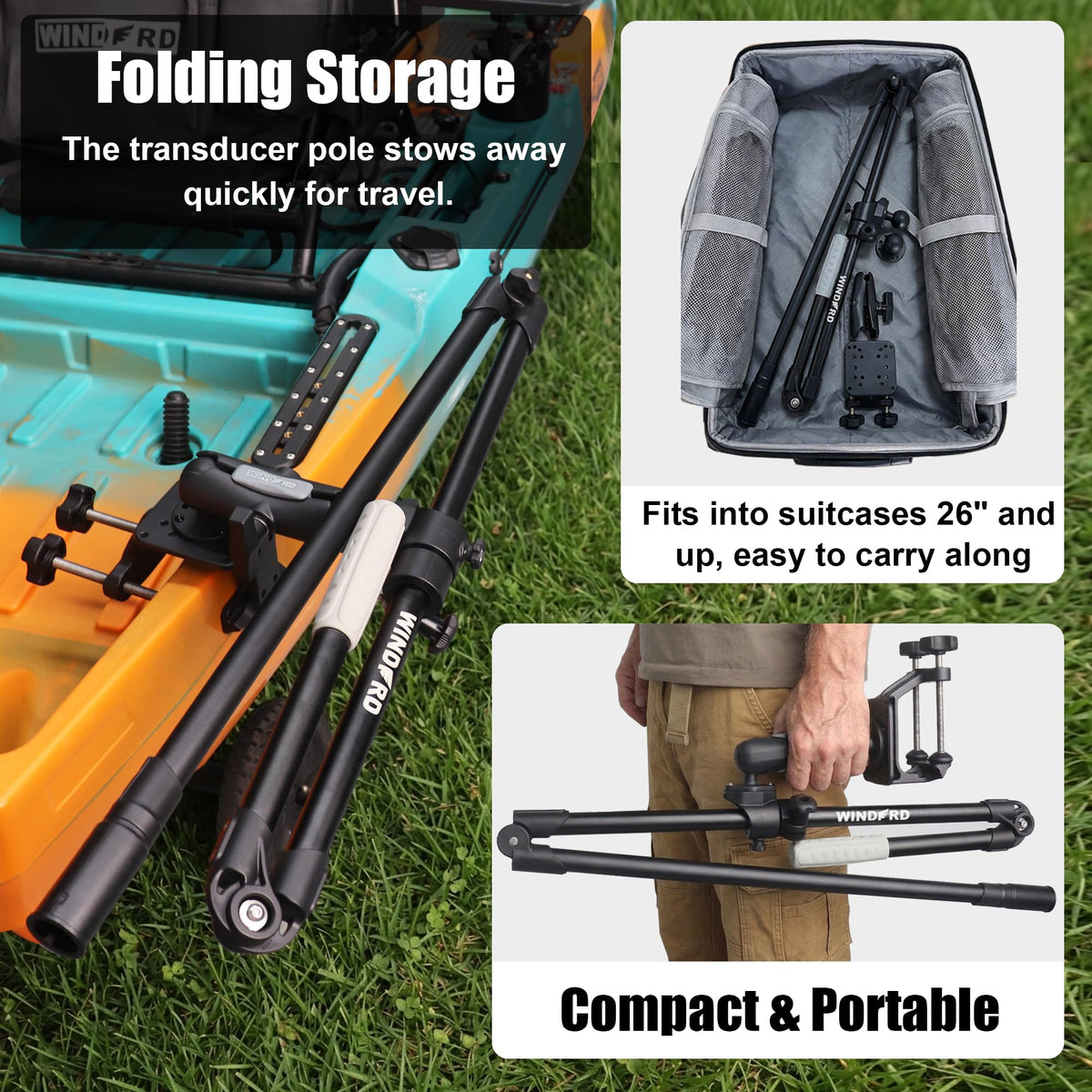 Folding FFS Live Sonar Transducer Pole System with Aluminum C-Clamp, Foldable Travel Design
