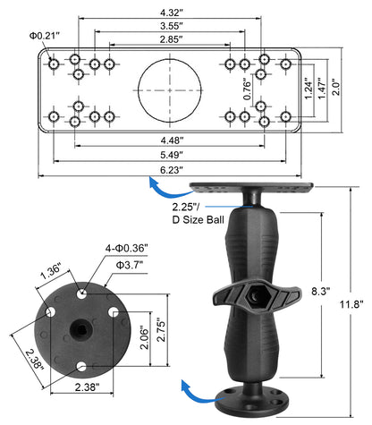 WINDFRD All Aluminum D Size/2.25" Ball Fish Finder Mount with wrench for 7" to 16" Large Fishfinder, Compatible with Garmin, Lowrance, Humminbird and More Marine Electronic Depth Finder
