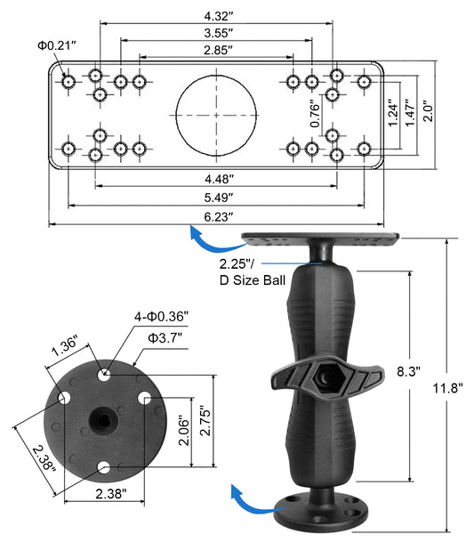 WINDFRD All Aluminum D Size/2.25" Ball Fish Finder Mount with wrench for 7" to 16" Large Fishfinder, Compatible with Garmin, Lowrance, Humminbird and More Marine Electronic Depth Finder