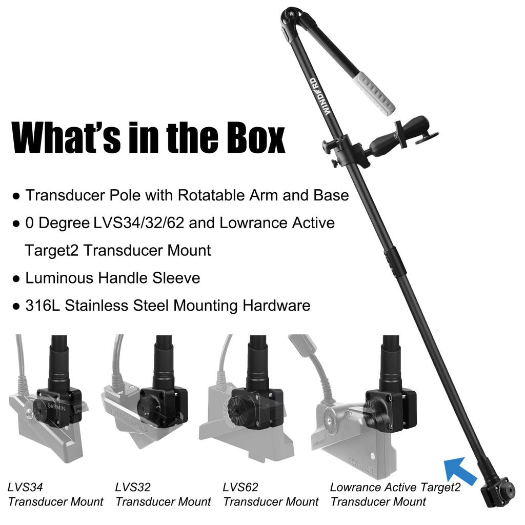 WINDFRD Livescope Transducer Pole Mount for Kayak/Boat, 0 Degree Pole Mount Compatible with Garmin LVS34/32/62 and Lowrance ActiveTarget2, Includes Luminous Handle Sleeve and T-Bolt Attachment - image 2