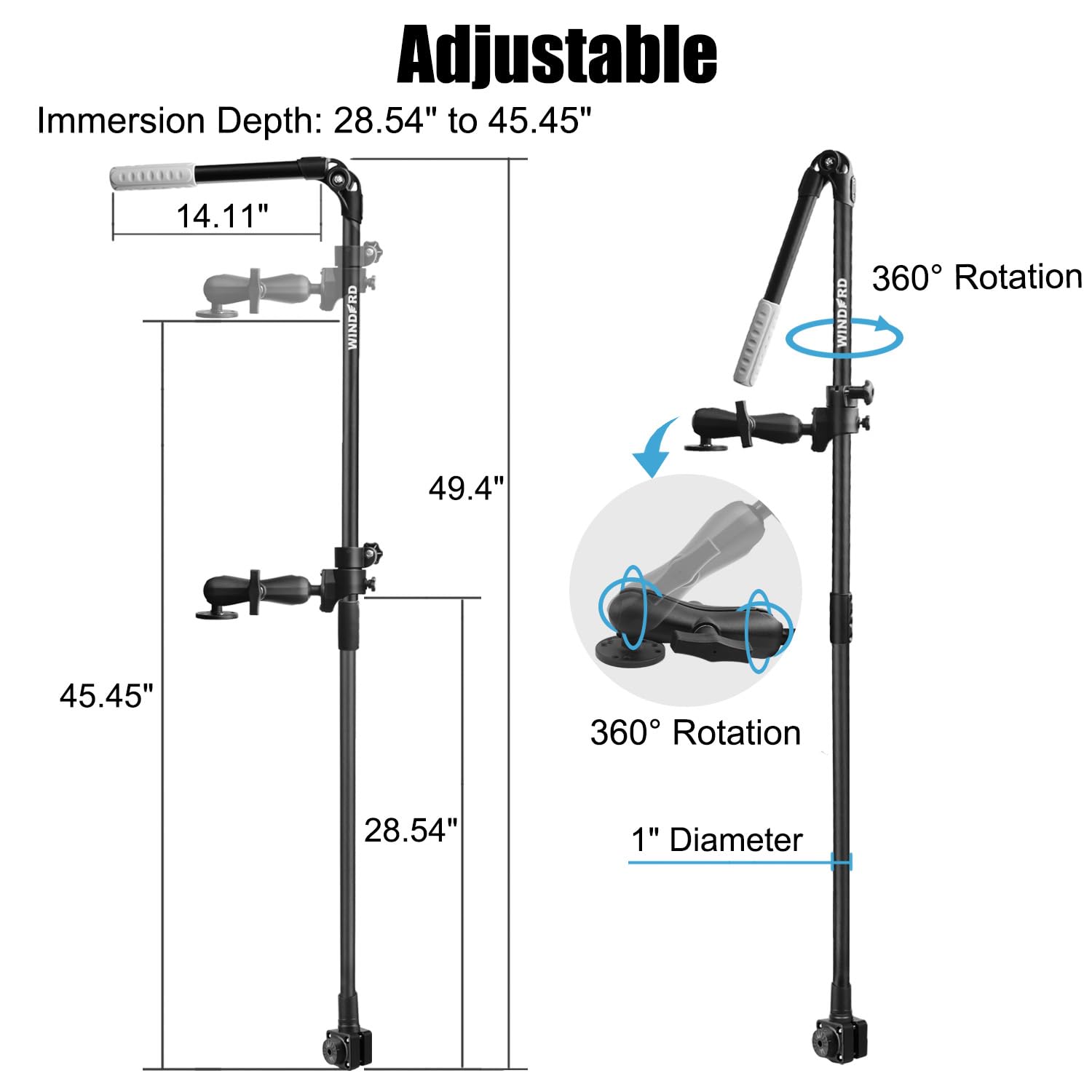 WINDFRD Livescope Transducer Pole Mount for Kayak/Boat, 0 Degree Pole Mount Compatible with Garmin LVS34/32/62 and Lowrance ActiveTarget2, Includes Luminous Handle Sleeve and T-Bolt Attachment - image 3