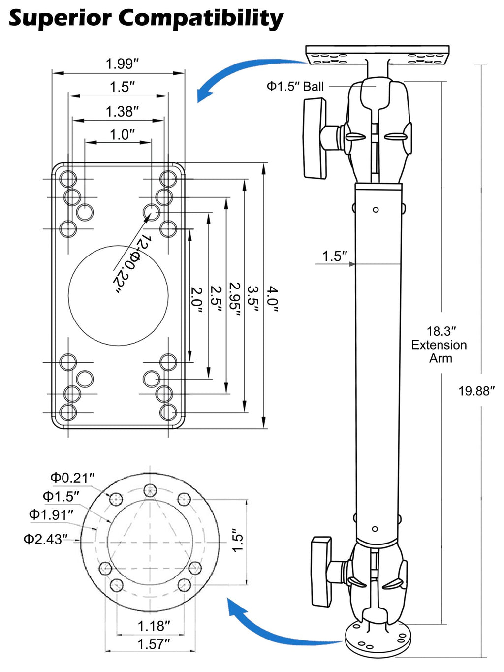 WINDFRD Fish Finder Mount, Compatible with Hummingbird Helix 5 and Helix 7, with 1.5" / C Size Aluminum Extension(18.3") Long Arm, Tall Bow Mount for Bass Boat/Kayak - image 6
